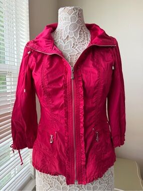 EUC Fuschia Barbie Pink White House Black Market Satin Utility Jacket Size 4